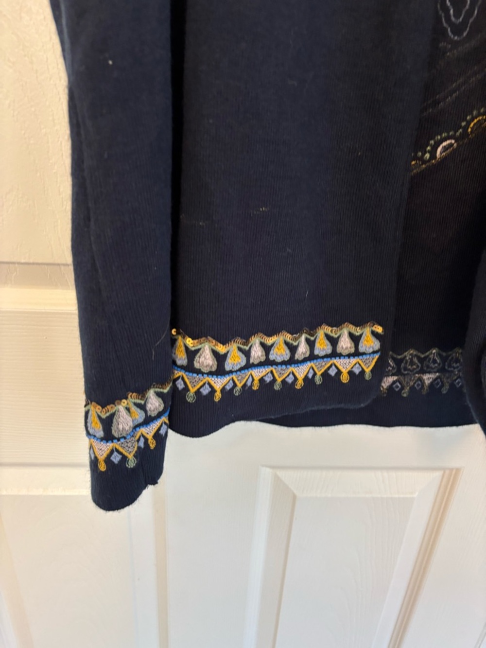 Soft Surroundings Navy Embroidered Long Duster Cardigan Sweater Size M Boho - Picture 8 of 11